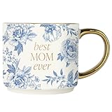 Sweet Water Decor Best Mom Ever Coffee Mug, Vintage Blue Delft Floral Design with Gold Handle & Rim, 14oz Fine Bone China Tea Cup, Cute Gifts for Mother's Day, Baby Shower, Christmas & Mom's Birthday