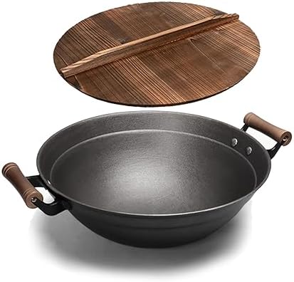Chinese Cast Iron Wok, Non Stick Wok and Stir Fry Pans with Round Bottom, Two Ears Handle and Wooden Lid,40cm (36cm)