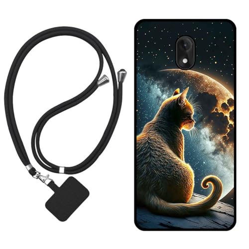 Sunrive Hülle Kompatibel mit Wiko Lenny 5 Hülle,matt Handyhülle Schutzhülle Etui Karikatur Muster TPU Backcover (Mond,Sterne,Katze) +1x Universale Handykette MEHRWEG