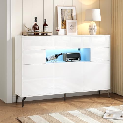 HAUSPROFI Wohnzimmerschrank, Sideboard Weiss Hochglanz, TV-Schrank mit 3...