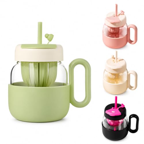 Image of Glass Tea Infuser Mug with Straw & Handle - 550ml, Set of 1, Cute Heart Design Cup, Drinking Glass for Iced Coffee, Matcha, Milk, Juice, Smoothies & Water, Reusable Travel Mug (Random Color)