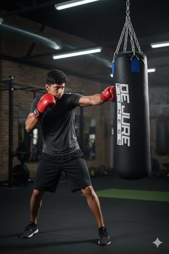 Image of De Jure Fitness Heavy Duty 2 Ft Punching Bag with Rust-Proof Stainless Steel Hanging Chain | Durable Polyurethane PU Fabric | Comfortable Recycled Filling | Boxing MMA, Kickboxing - Black-PU, 2 Ft