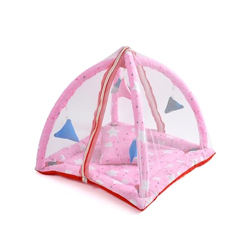 Image of Baby Bedding Set Glace Cotton Fabric || Playmat New Born Baby Kids Bed with Mosquito net and a Pillow || Color - Pink|| 1 piece||Gift Set, Single Size