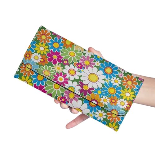 Image of AFPANQZ Colorful Hippie Flower Women Wallet Soft Leather Designe, RFID Blocking Large Capacity Shopping Outdoor Vintage Phone Holder Pockets