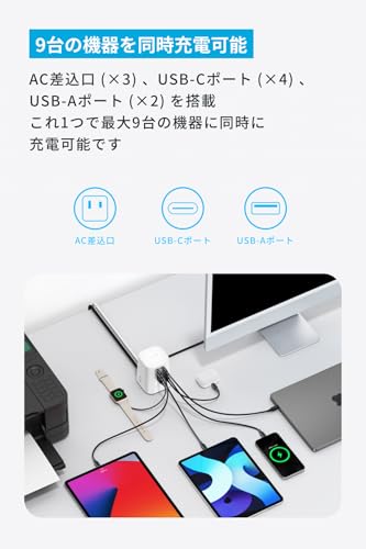 undefined Anker Charging Station (9-in-1, 100W)【USBタップ/電源タップ/AC差込口 3口 / USB-C 4ポート / USB-A 2ポート/ 1.5m延長コード】ホワイト の商品画像 1