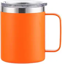 É PERFEITA - Caneca Térmica 360 ml com Alça e Tampa Acrilica Antivazamento – Isolamento Parede Dupla, Bebidas Quentes Frias por Horas, Portátil, Acabamento Fosco (Laranja Sunlight, 360ml)
