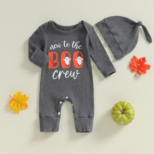 GOOCHEER Newborn Baby Boy Girl Halloween Coming Home Outfit Little Pumpkin Knit Long Sleeve Romper Jumpsuit +Hat Fall Clothes2