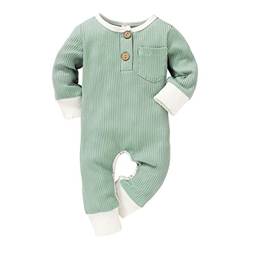 Unisex Baby Girls Boys Long Sleeve Romper Solid Color Bodysuit Jumpsuit Pants Ribbed Pajamas Clothes Set 0-18M (Green C, 0-3 Months)