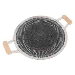 Qiilu Round Korean Grill Pan with Nonstick Surface Korean BBQ Grill Pan Stainless Steel Even Heat Distribution Easy Cleanup Multipurpose Use Outdoor Plate (34cm)