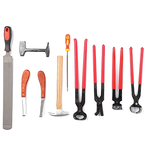 Restokki 9PCS Steel Iron Ergonomic Handle Horseshoe Trim Cutter Pliers File Nail Hammer Hoof Tool Horse Equipment