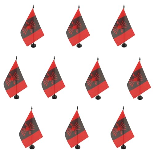 AZ FLAG - 10 banderas de mesa de falange española 21 x 14 cm, 10 pequeñas banderas nacionalistas guerra de España de oficina, 100% poliéster con mástil de 25 cm y base de plástico negro
