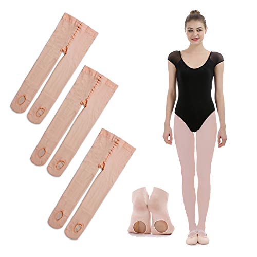 iMucci 3 Pairs Ballet Dance Tights - Velet Convertible Ballerina Dancing Stockings Pink M 5-10 Years