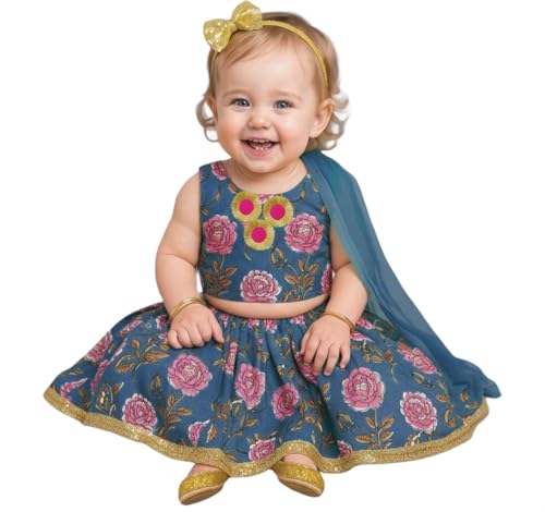 Image of A.T.U.N. (ALL THINGS UBER NICE) Baby Girls Cotton Ethnic Floral Lehenga Choli Set with Lace & Dupatta | Traditional 3-Piece Festive Outfit for Kids