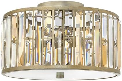 Hinkley Fredrick Ramond Gemma Medium Three Light Flush Mount Fixture, Amber Pearl and Clear Crystal Rectangular Prisms, Contemporary, Silver Leaf Finish