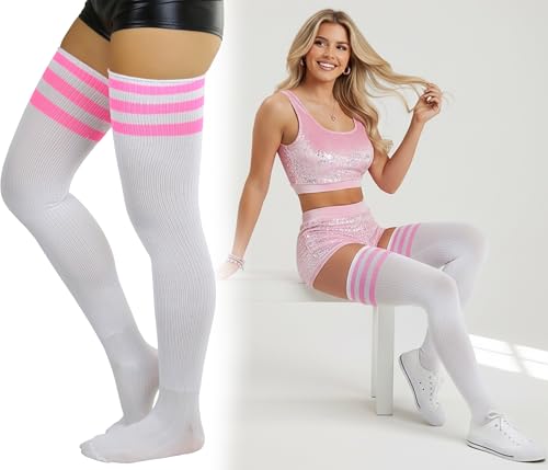 Image of ToBeInStyle Women's Heavyweight Knit Thigh High Long Socks w /Contrast 3 Stripe Top Band