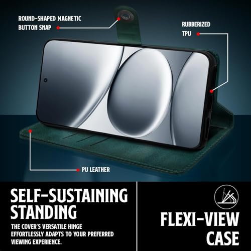 Image of WOW IMAGINE Shock Proof Flip Cover Back Case for Redmi Note 15 Pro 5G (Magnetic Button Flip Case | Wallet Pockets & Stand | Leather Finish | Forest Green)