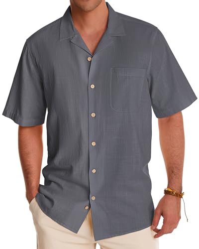 Image of Alimens & Gentle Mens Linen Shirts Cotton Hawaiian Shirts Short Sleeve Button Down Shirts Casual Summer Beach Tops