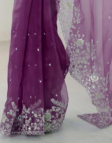Image of SIRIL Women's Organza Sequence Embroidery Saree With Unstitched Blouse Piece
