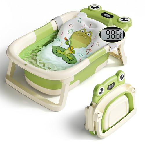 Image of BUNWAG Baby Bathtub, Collapsible Newborn Bathtub for Infant to Toddler 0-24 Months with Soft Cushion and Thermometer,Portable Travel Newborn Tub with No-Slip Feet, Baby Shower Gifts,Green