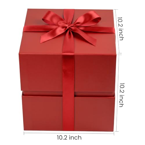 Image of LIFELUM Red Gift Box with Lid 10.2 x 10.2 x 10.2 inch, 1 Pack Square Magnetic Gift Box Includes Paper Filler, Ribbon, Greeting Card for Presents, Wedding, Christmas, Birthday