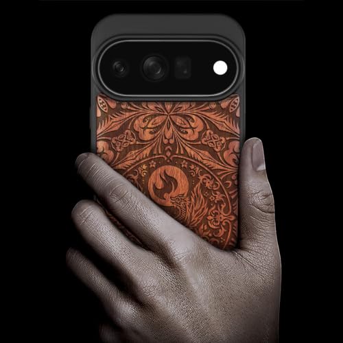 Coque Pixel 11 Pro bois véritable avec mandala phénix gravé protectrice et chic - 2