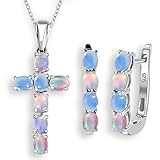 TJC Sterling Silver Cross Necklace Crucifix Pendant and Hoop Earrings for Women in Platinum Plated 925 Silver- Opal