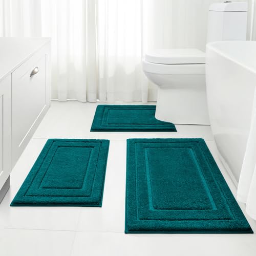 HOMEIDEAS Bathroom Rugs Sets 3 Piece Super Soft and Absorbent Non Slip Microfiber Toilet Bath Mat with U-Shaped (Atlantic Blue)