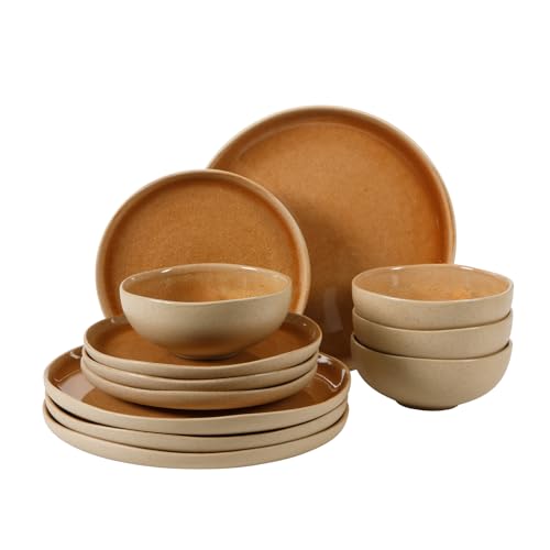 Image of Gibson Elite Manila Bay 12-Piece Stoneware Dinnerware Set, Service for 4, Reactive Glaze Modern Artisan Plates, Bowls & Mugs, Orange, Round Design