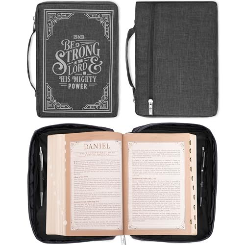 Image of Strong in The Lord Ephesians 6:10 Grey Canvas Bible Cover, Book Cover Case for Men and Women Large Zippered Case for Bible or Book w /Handle