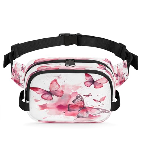 Watercolor Butterfly Waterproof Fanny Pack for Women Men Adjustable Waist Bag with Double Zipper Pockets Lightweight Square Hip Pack for Running Travel Hiking Workout Cycling
