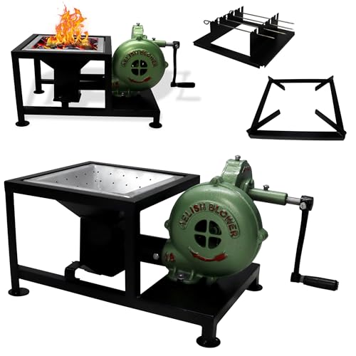 SIMOND STORE Blacksmiths Forge Pedal Type Handle Hand Blower for Knife Making Blacksmithing Forging Tools Equipment - Coal Forge Fire Pot Furnace Cooking and BBQ Attachment with BBQ skewers Stand