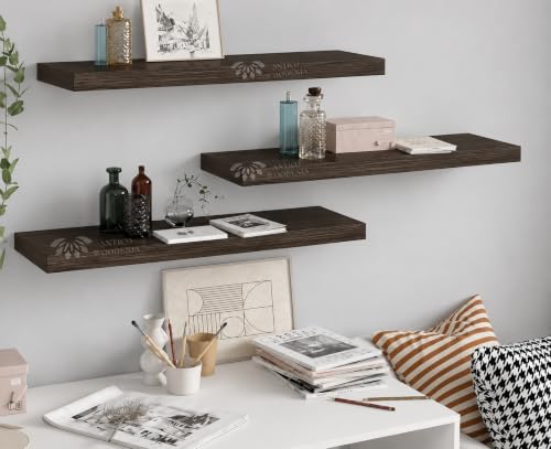 Image of Wooden Floating Wall Shelf| Wall Mount| Wall Rack| Wall Bracket for Home and Office Decor | Big Mounted Cabinets (Set of 3, Ash Walnut, Large)