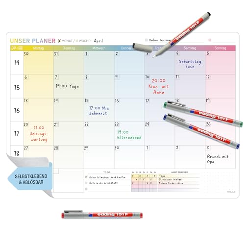 TOBJA Monatsplaner abwischbar – A3 selbsthaftender Wochenplaner mit wasserlöslichen Edding-Stiften – Kein Verwischen! – Whiteboard Planer für Wand, Kühlschrank & Tür – Familienkalender (inkl. Stifte)