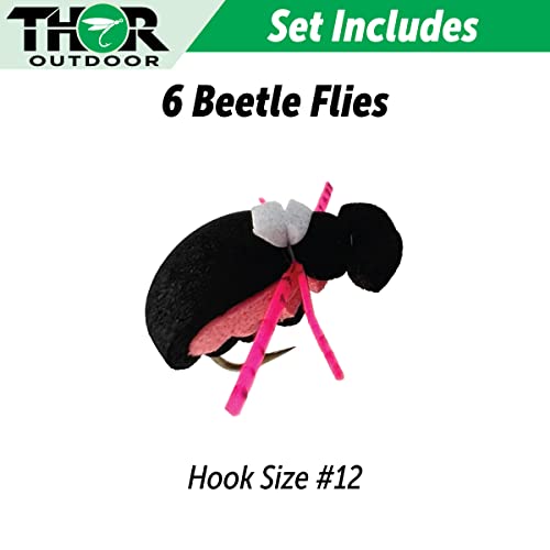 Thor Outdoor Pink Foam Beetle - 6 Pc Topwater Fly Fishing Set For Bass, Panfish, And Trout - Black, Hook Size 12 #TOP4