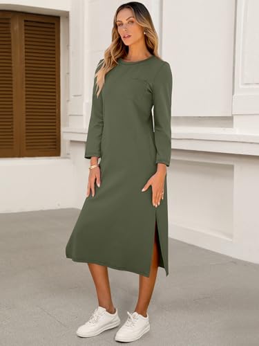 Image of ANRABESS Womens 3 /4 Sleeve Midi T Shirt Fall Dresses | Striped Solid Floral,Long Sleeve Slit Crew Neck &Chest Pocket,2026 Fall Outfits,Casual Travel Vacation Clothes,Summer Spring