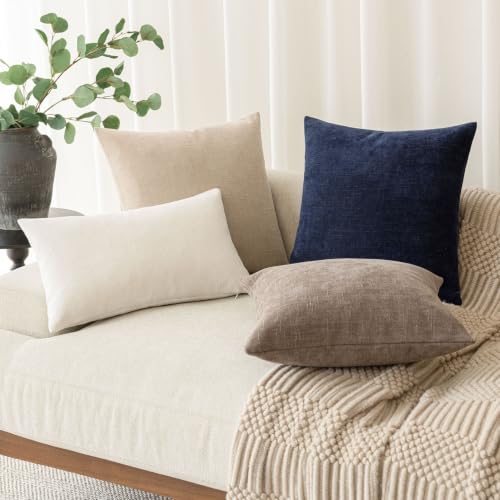 Image of Foindtower Pack of 2 Textured Chenille Throw Decorative Pillow Covers Square Accent Solid Cushion Cover Neutral Modern Farmhouse Pillow Case for Couch Sofa Bedroom Living Room 24x24 Inch,Navy Blue