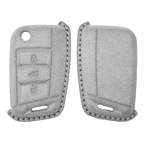 Image of KMH Alcantara Car Key Cover Compatible with Volkswagen Polo Vento Jetta Ameo Passat and Skoda Rapid Laura Superb Octavia Fabia Yeti 3 Button Shell Case Holder Smart Keycover (D1) Grey - Pack of 1