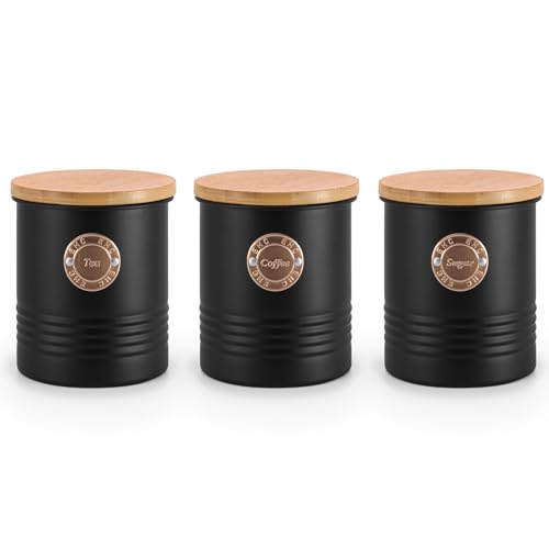 EHC Tea Coffee Sugar Cainsters Set Black, Airtight Container Jars Kitchen Storage Tin, Tea Sugar Coffee Set of 3, Black - Cosy Home Interiors EHC Tea Coffee Sugar Cainsters Set Black, Airtight Container Jars Kitchen Storage Tin, Tea Sugar Coffee Set of 3, Black