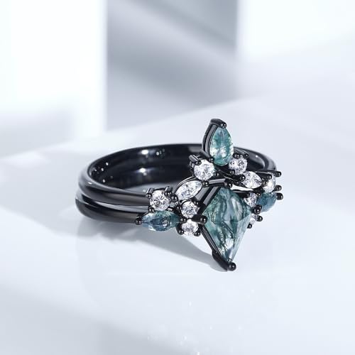 Black Moss Agate Engagement Ring Set for Women - Custom Kite Cut Moss Agate Wedding Ring, Personalized Promise Ring for Her Wife Bridal3