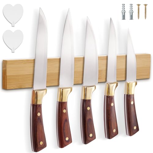 Cheerhom Magnetic Knife Strip, Magnet Holder for Wall Made of Bamboo with Extra Strong 40 x 6 2cm, Block, Stand, Utensils Tools, Wood Colour, V1