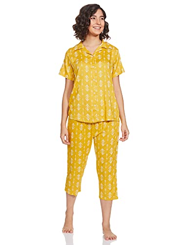Image of Longies Women's Rayon Pyjama Night Suit Regular Capri Set (LCHSV001 Yellow009 XL)