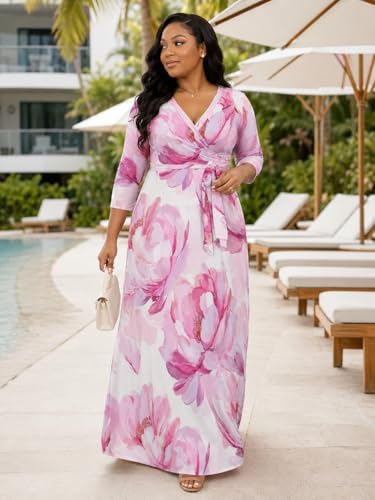 Image of SUZONANA Plus Size Dresses for Women Floral Print Maxi Dress Flowy 3 /4 Sleeve with Belt