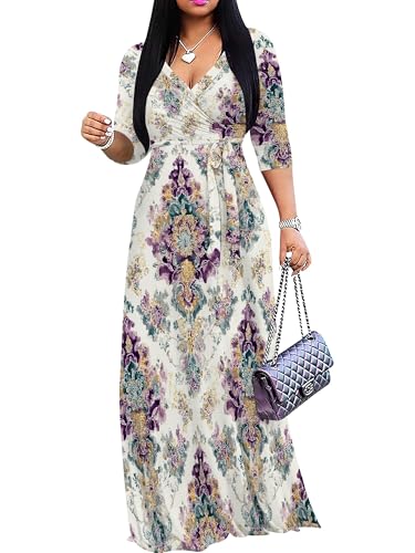 Image of Women's V Neck Floral Maxi Dress 3 /4 Sleeve Plus Size Boho Wrap Flowy Long Dresses with Belt