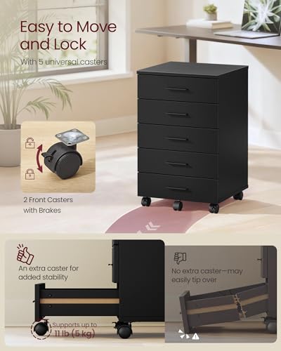 Image of VASAGLE CUSTOS Collection - File Cabinet, Mobile Pedestal Filing Cabinet with Wheels, Printer Stand with 5 Drawers, Tool-Free Sliding Rails, for Study, Home Office, Ink Black UOFC081BC01S