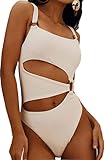 ALLureLove Women's One Piece Swimsuit Ring Cut Out Front High Cut Cheeky Bathing Suit Monokini Swimwear(White,Medium)