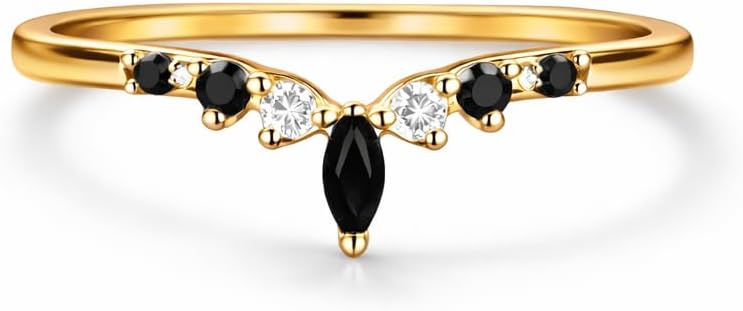 14K Yellow Gold Chevron Curved Wedding Band Marquise Cut Black Onyx & Round Cut CZ Diamond Tiara Ring Crown V-Shaped Stackable Bridal Jewelry Gift for Her