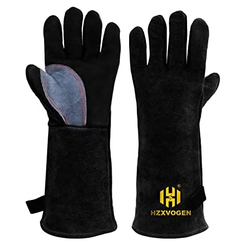 HZXVOGEN Welding Gloves 14 Inches 932℉ Heat Fire Resistant BBQ Grill Gloves for Arc Tig Mig Wood Stove Barking Anti Animal Biting Welder Gloves – Free Size for Men Cover