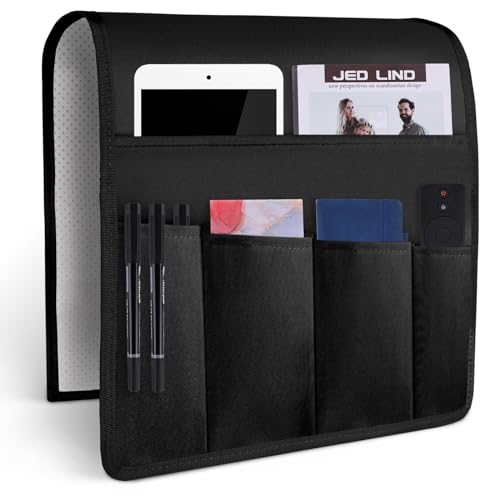 HAKACC Armchair Caddy for Couch Remote Control Holder, Sofa Armrest Organizer, Recliner Armchair Caddy for Bedside Storage Organizer 5 Pockets for Home College Dorm Bunk Black