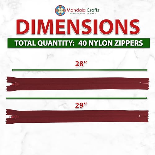 Image of Mandala Crafts 40 PCs Burgundy Closed-End 28 Inches Nylon Zipper for Sewing