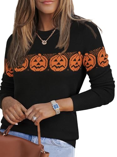 Arach&Cloz Womens Winter Clothes Fall 2025 Long Sleeve Pullover Sweater Crew Neck Casual Tops Trendy Halloween Pumpkin S